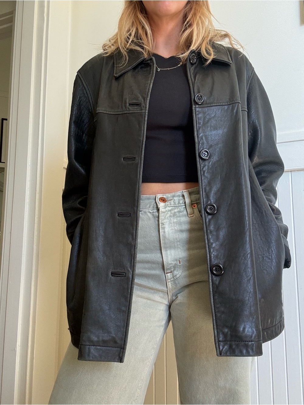 Black Leather Button-Front Women's Coat